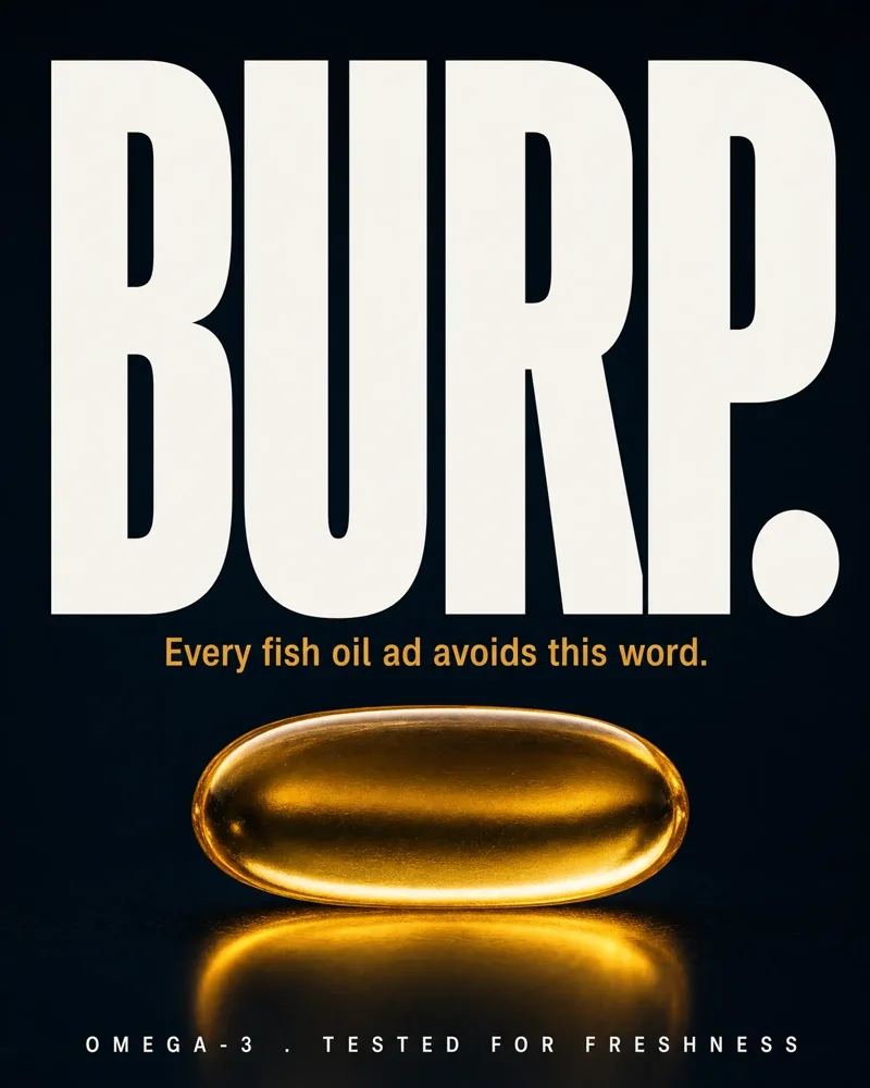 Omega-3 ad. The word BURP fills a dark frame above a gold capsule, with the line: every fish oil ad avoids this word.
