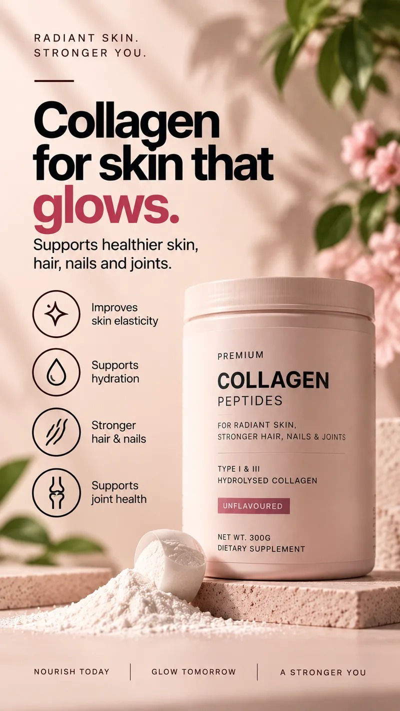 Pink ad. Headline: collagen for skin that glows. A pale tub of collagen peptides with a scoop of powder, icons for elasticity, hydration, hair and nails, and joints.